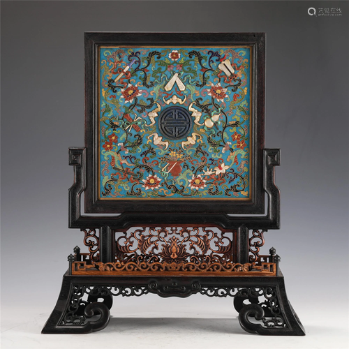 A CLOISONNE ENAMEL INLAID ROSEWOOD TABLE SCREEN