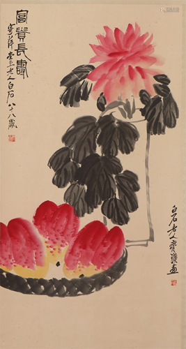 A CHINESE PAINTING OF FLOWER AND PEACHES