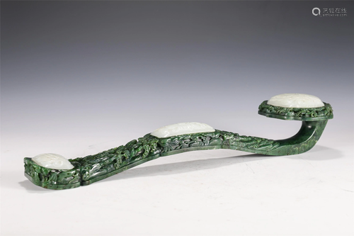 A WHITE JADE INLAID SPINACH GREEN JADE RUYI SCEPTER