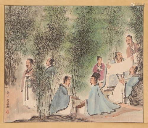 A CHINESE PAINTING OF SCHOLARS IN BAMBOO GROVE