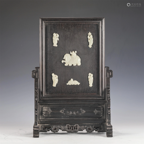 A CHINESE WHITE JADE INLAID ROSEWOOD TABLE SCREEN