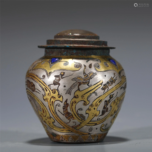 A CHINESE GOLD AND SILVER INLAID BRONZE JAR AND COVER