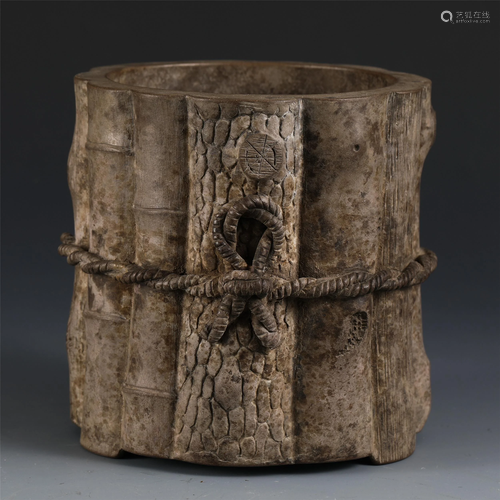 A CHINESE YIXING GLAZED BAMBOO-JOINTS BRUSH-POT