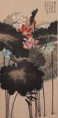 A CHINESE PAINTING OF POLYCHROME LOTUS