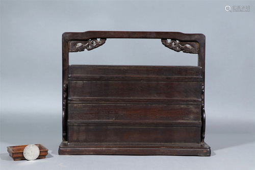 A CHINESE LOOP-HANDLED ZITAN WOOD BOX