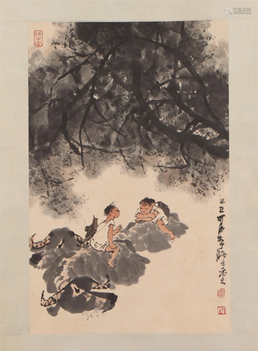 A CHINESE PAINTING OF HERDING BUFFALOES