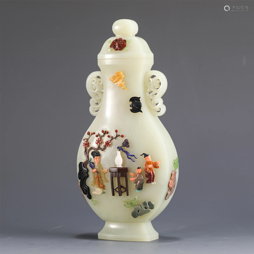 A CHINESE HARD-STONES INLAID FIGURAL JADE VASE