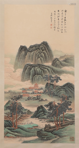 A CHINESE PAINTING OF LANDSCAPE AND FIGURES