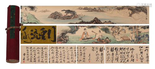 A CHINESE SCROLL PAINTING OF LANDSCAPE AND FIGURES