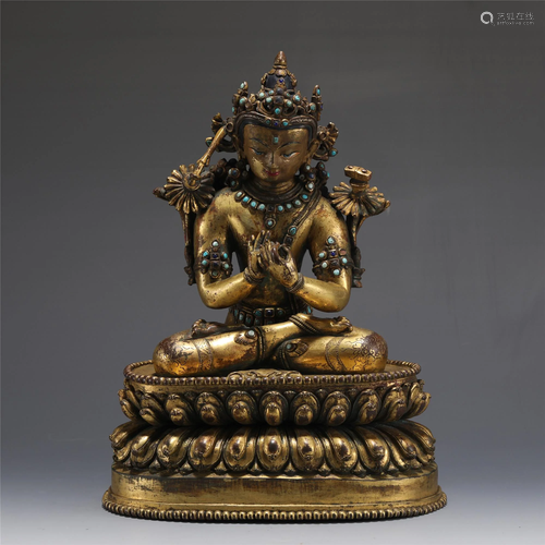 A TIBETAN TURQUOISE INLAID GILT BRONZE MANJUSRI