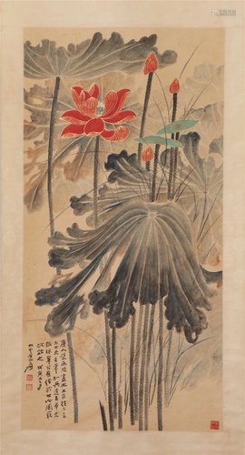 A CHINESE PAINTING OF RED LOTUS