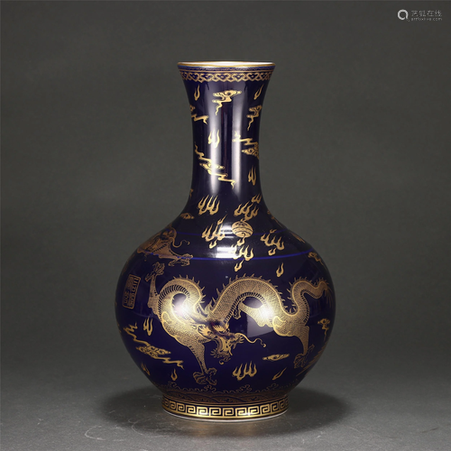 A CHINESE BLUE GLAZE AND GILT DRAGON VASE