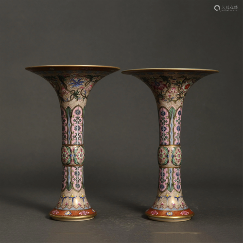 PAIR OF CHINESE FAMILLE ROSE FLORAL GU VASE