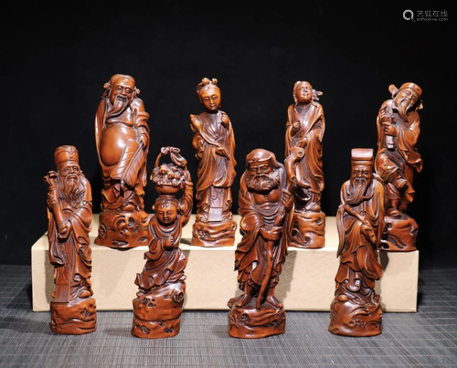 Eight Chinese Huangyang Wood Carved Immortals