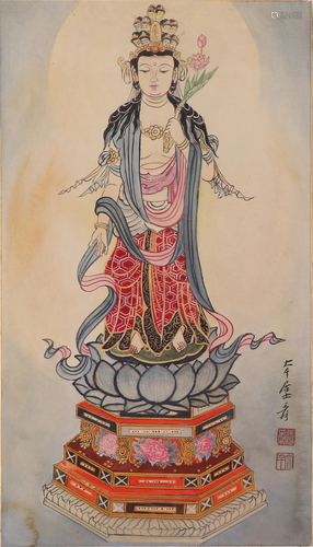 A CHINESE PAINTING OF BUDDHA ON LOTUS THRONE