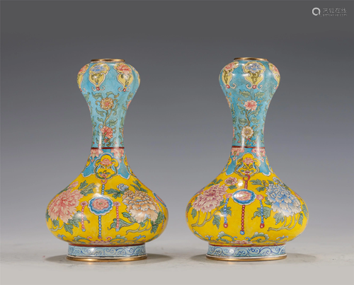 PAIR OF PAINTED ENAMEL GARLIC HEAD VASES