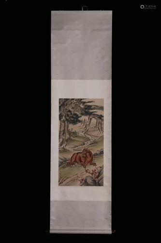 Chinese Ink Color Scroll Painting w Calligraphy