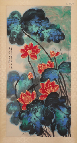 A CHINESE PAINTING OF RED LOTUS