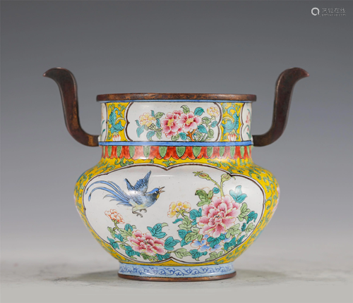 A PAINTED ENAMEL CENSER WITH DOUBLE HANDLES