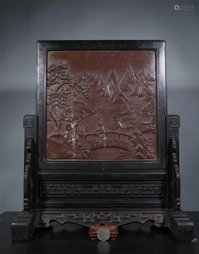 A CHINESE CARVED ZITAN WOOD TABLE SCREEN