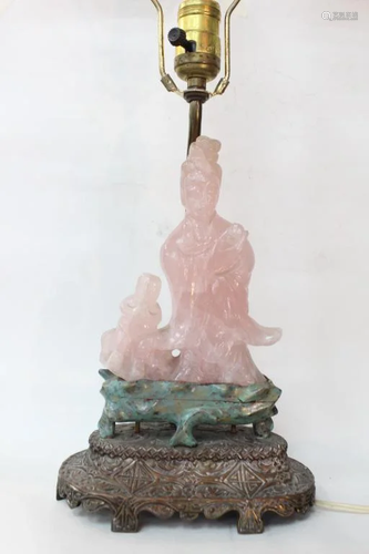 Chinese Rose Quartz Figural Group Made into Lamp