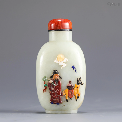 A CHINESE HARD-STONES INLAID FIGURAL SNUFF BOTTLE