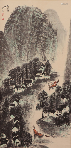 A CHINESE PAINTING OF LANDSCAPE AND FIGURES