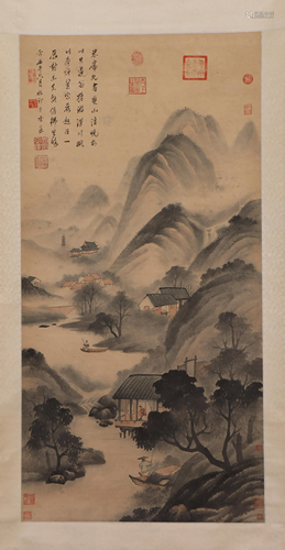 A CHINESE PAINTING OF LANDSCAPE AND FIGURES