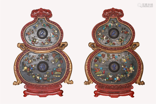 PAIR OF CHINESE HARD-STONES INLAID HANGING PANELS