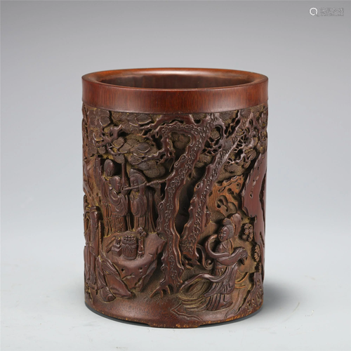 A CARVED BAMBOO LANDSCAPE-AND-FIGURES BRUSH-POT