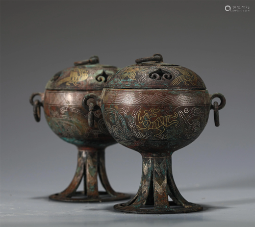 PAIR OF GOLD AND SILVER INLAID BRONZE BEAST CENSERS