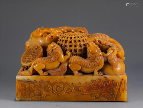 A CHINESE SOAPSTONE MOTHER-AND-SON BEASTS SEAL