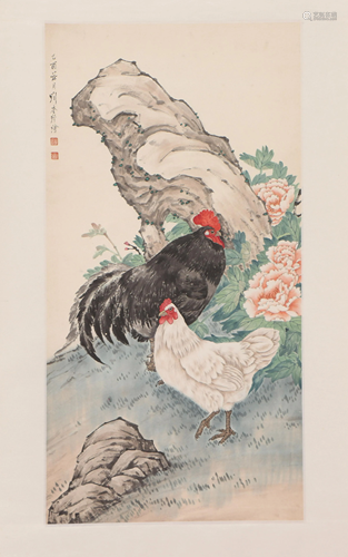 A CHINESE PAINTING OF CHICKENS AND FLOWERS