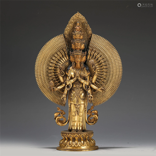 A CHINESE GILT BRONZE THOUSAND-HAND AVALOKITESVARA