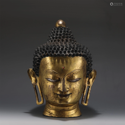 A GILT BRONZE SHAKYAMUNI HEAD