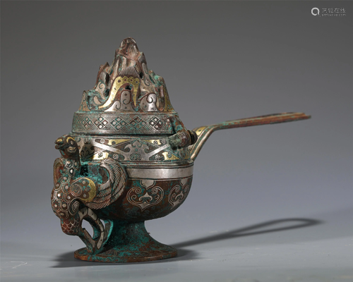 A CHINESE GOLD AND SILVER INLAID BRONZE BEAST CENSER