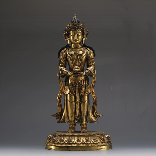 A TIBETAN GILT BRONZE STANDING AMITAYUS