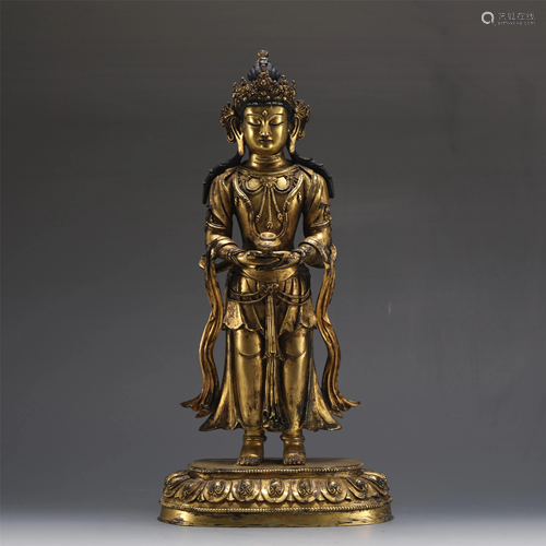 A TIBETAN GILT BRONZE STANDING AMITAYUS