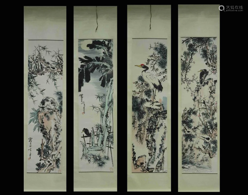 Four Chinese Ink Color Scroll Painting Set