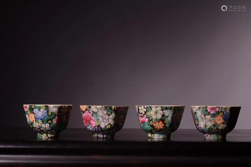 Four Chinese Famille Rose Porcelain Cups,Mark