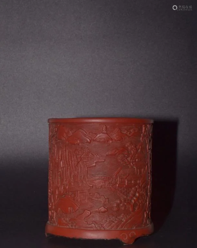 Qing Chinese Red Cinnabar Brush Pot,Mark