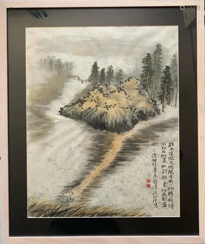 Chinese ink Color Landscape Painting w Calligraphy