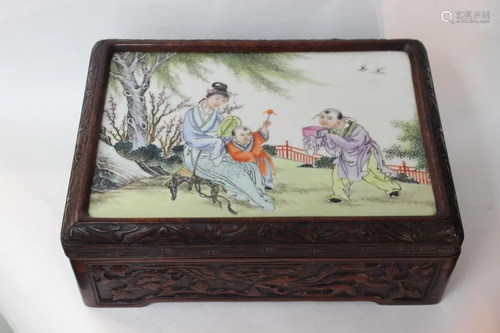 Chinese Wooden Box w Porcelain Inlaid