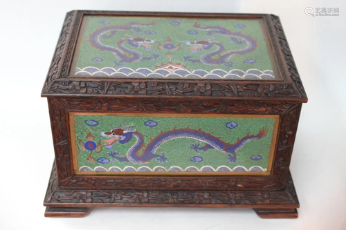 Chinese Wooden Box w Cloisonne Inlaid