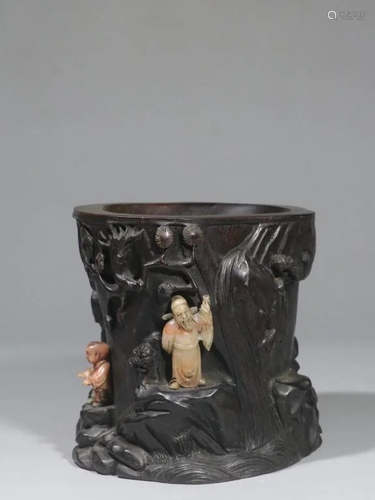 Chinese Hand Carved Zitan Wood Brushpot