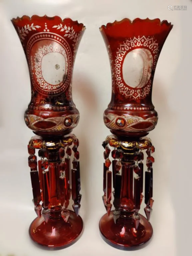 Pair of 19th.C Persian Bohemian Red Glass Lusters