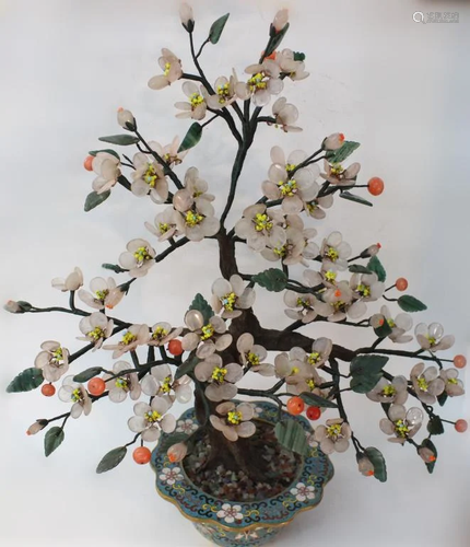 Chinese Cloisonne Planter w Jade Flower Tree