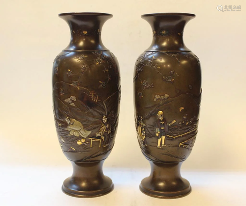 Pair of Japanese Bronze Vase w Silver Inlaid