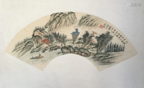 Chinese ink Color Fan Painting, Signed