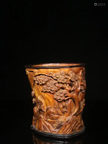Chinese Hand Carved Huali Wood Brushpot